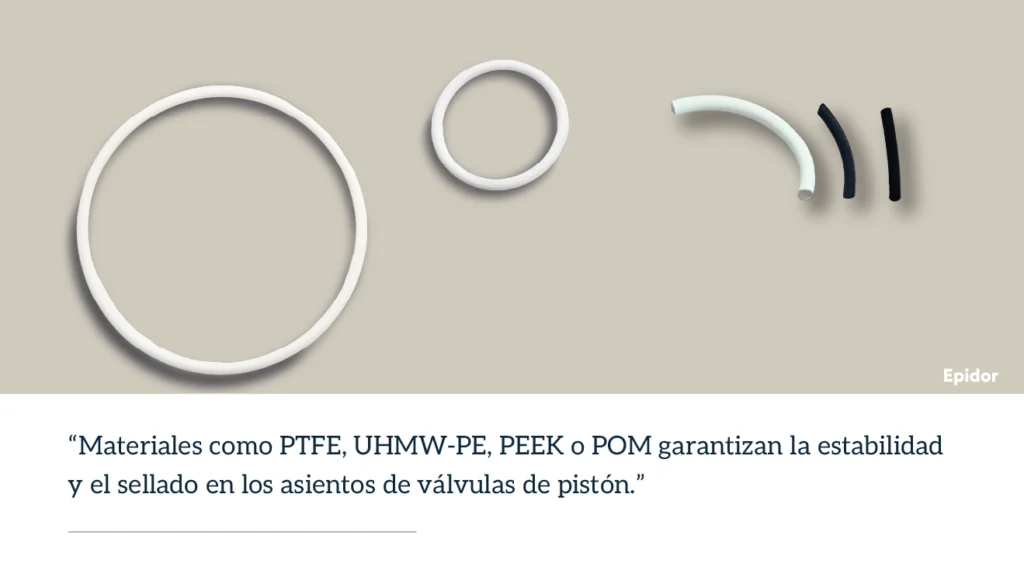 Juntas tóricas y asientos para válvulas de pistón fabricados en materiales poliméricos como PTFE, UHMW-PE y POM para garantizar el sellado.