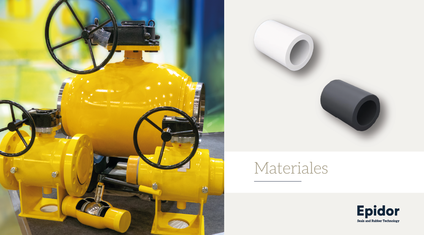 Couverture d'un article sur les matériaux pour sièges de soupapes, montrant des soupapes industrielles de grand diamètre et des échantillons de matériaux d'étanchéité d'Epidor.