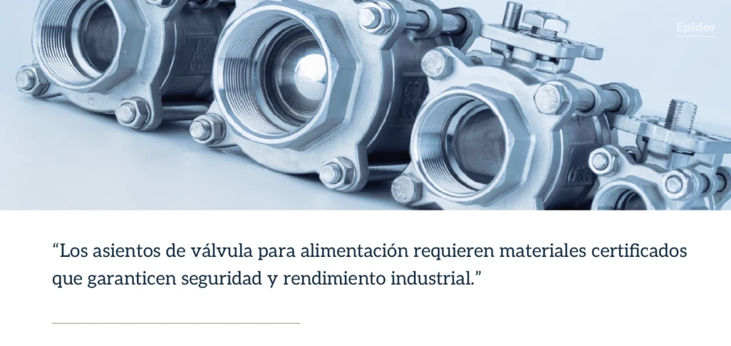 Fila de válvulas de bola de acero inoxidable con asientos certificados para seguridad e higiene en la industria de la alimentación.