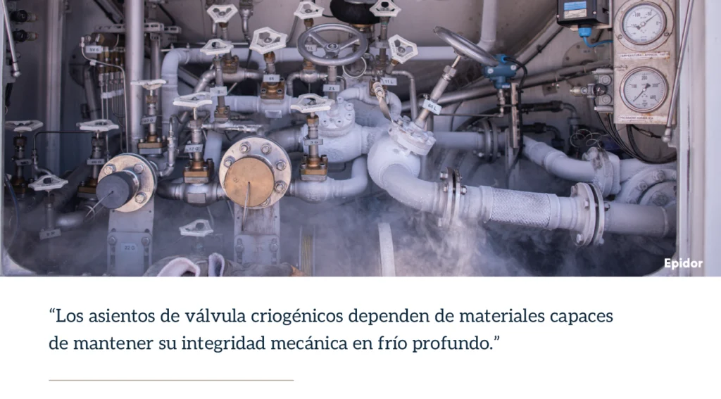 Sistema de tuberías industriales y válvulas criogénicas cubiertas de escarcha, demostrando la integridad de los materiales de sellado en condiciones de frío profundo.